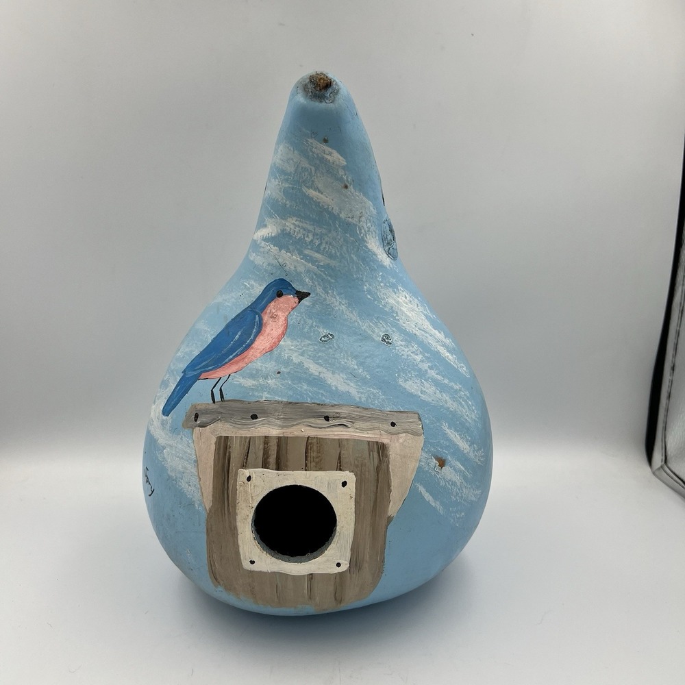Hand Painted Gourd Hanging Birdhouse Signed Spry Cottage Blue Grandmacore 11"